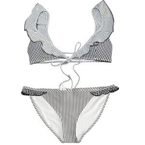 American Eagle Aerie Black Striped Gingham Ruffled Bikini Swimsuit Set Size M
